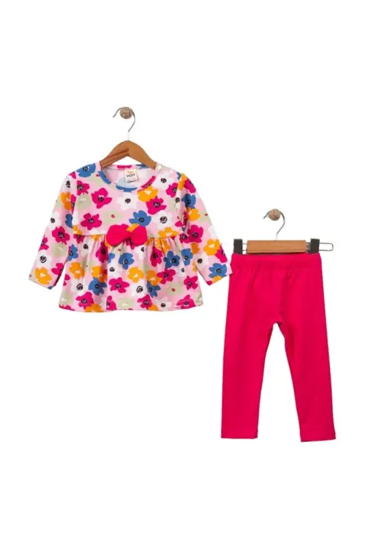 Baby Girl Top and Bottom Set Floral Pattern Bow Detailed-Fuchsia - 1