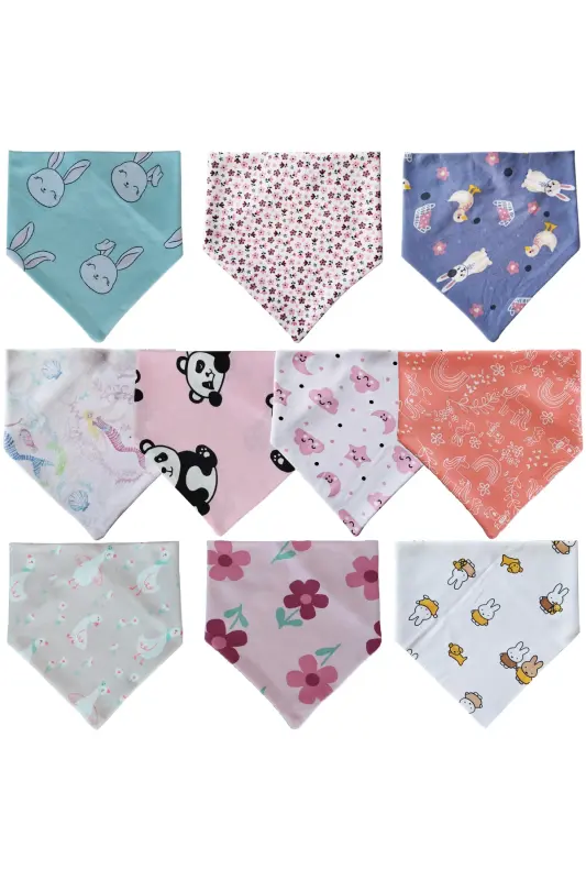 Baby Girl Triangle Scarf Knitted Drool and Feeding Bib 10 Pieces - BABY MINIK