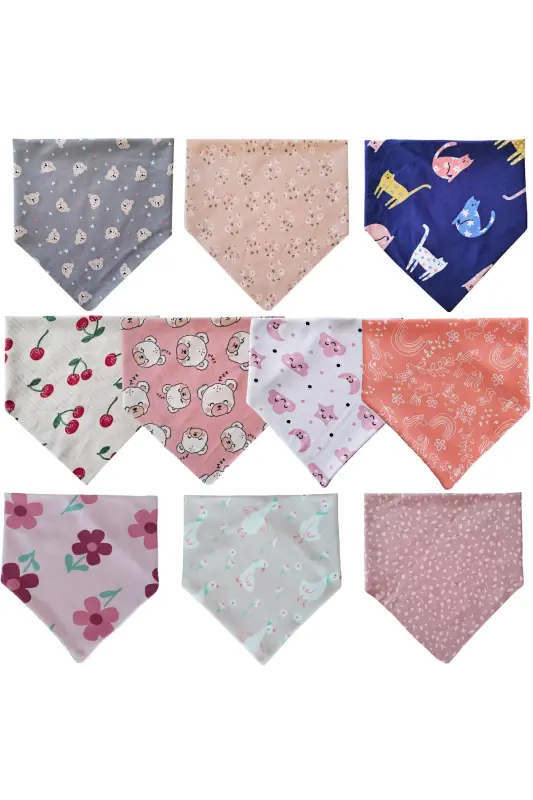 Baby Girl Triangle Scarf Knitted Drool and Feeding Bib 10 Pieces - BABY MINIK