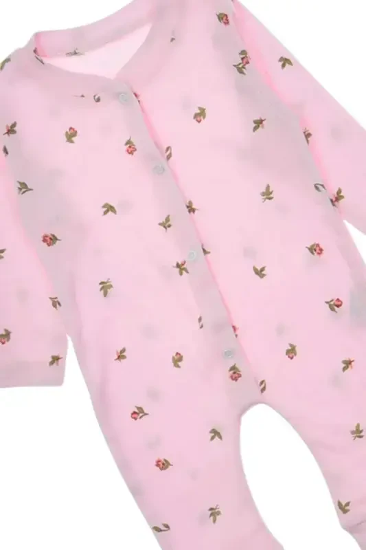 Baby Girl Tulip Print Ribbed Knit Snap-On Newborn Baby Romper 100% Cotton Elastic 1-3-6 Months-DUSTY PINK TULIP - DINAMIK ÇOCUK