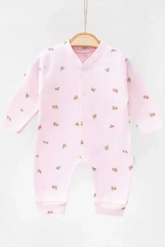 Baby Girl Tulip Print Ribbed Knit Snap-On Newborn Baby Romper 100% Cotton Elastic 1-3-6 Months-DUSTY PINK TULIP - 4