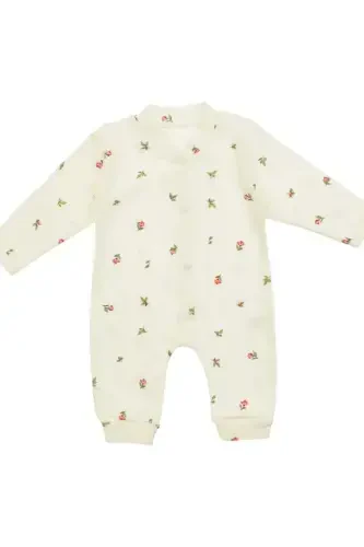 Baby Girl Tulip Print Snap-Button Newborn Jumpsuit 100% Cotton Flexible 1-3-6 Months-WHITE TULIP - DINAMIK ÇOCUK (1)