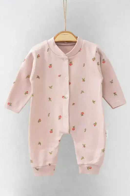Baby Girl Tulip Print Snap Fastener Newborn Baby Romper 100% Cotton Flexible 1-3-6 Months-ROSE DUST TULIP - DINAMIK ÇOCUK