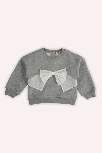 Baby Girl Tulle Bow Detailed Grey-Melange Sweatshirt - PANÇO