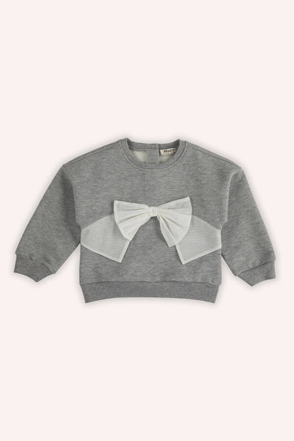Baby Girl Tulle Bow Detailed Grey-Melange Sweatshirt - 1