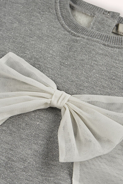Baby Girl Tulle Bow Detailed Grey-Melange Sweatshirt - 3