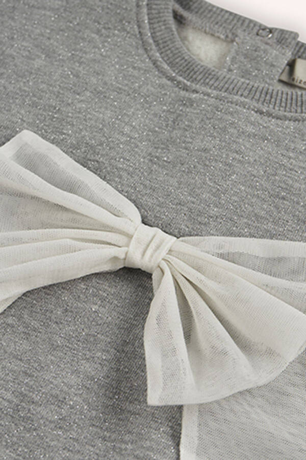 Baby Girl Tulle Bow Detailed Grey-Melange Sweatshirt - 3