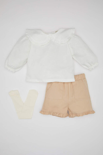 Baby Girl Twill Blouse Shorts Socks 3-Piece Set Ecru - 1