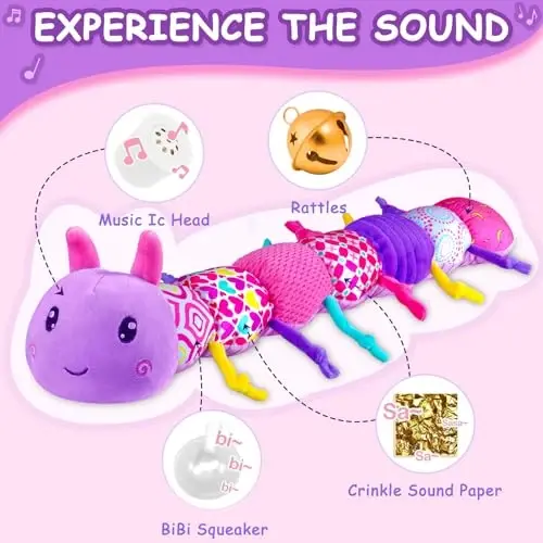 Baby Girl uchun mo'ljallangan turli xil teksturali, çıng'iroqli, g'ijillagan o'yinchoqlar, 6 oydan 12 oygacha qiz bolalar uchun sovg'a, 3 4 5 7 8 9 oylik chaqaloqlar uchun o'yinchoq, Caterpillar-Purple - 2