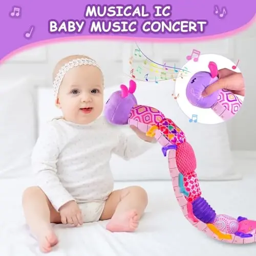 Baby Girl uchun mo'ljallangan turli xil teksturali, çıng'iroqli, g'ijillagan o'yinchoqlar, 6 oydan 12 oygacha qiz bolalar uchun sovg'a, 3 4 5 7 8 9 oylik chaqaloqlar uchun o'yinchoq, Caterpillar-Purple - 3