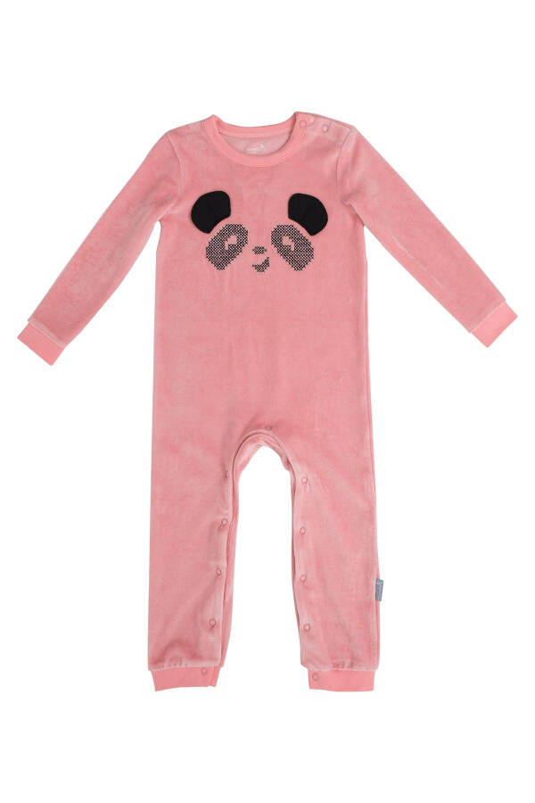 Baby Girl Velvet Panda Embroidered Snap Suit - Pink - 1