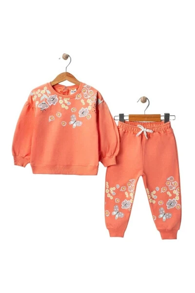 Baby Girl Winter 100% Cotton Two-Piece Sweatsuit Set with Flower Pattern - Pants - LANUGO