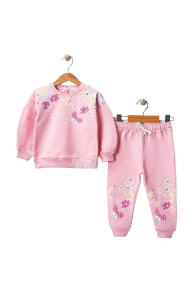 Baby Girl Winter 100% Cotton Two-Piece Top and Bottom Set with Flower Pattern Sweat - Pants - 1