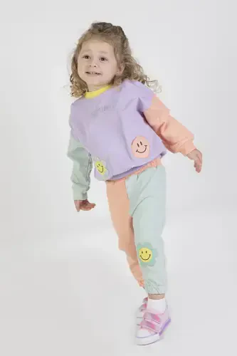 Baby Girl&Kids Two Thread Fabric Medium Thickness Embroidered Knitted Basic Tracksuit-Lilac - HARİKA KİDS (1)