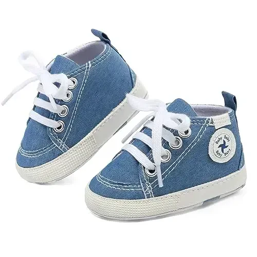 Baby Girls Boys poyabzallari Yumshoq sirpanishga qarshi taglik Yangi tug'ilgan birinchi yuruvchilar Yuqori top Canvas Denim Unisex chaqaloq krossovkasi - 3