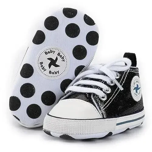 Baby Girls Boys Shoes Soft Anti-Slip Sole Newborn First Walkers High Top Canvas Denim Unisex Infant Sneaker - 4