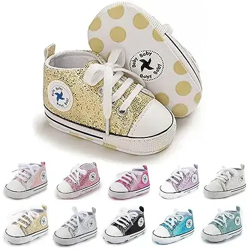 Baby Girls Boys Shoes Soft Anti-Slip Sole Newborn First Walkers High Top Canvas Denim Unisex Infant Sneaker - 1