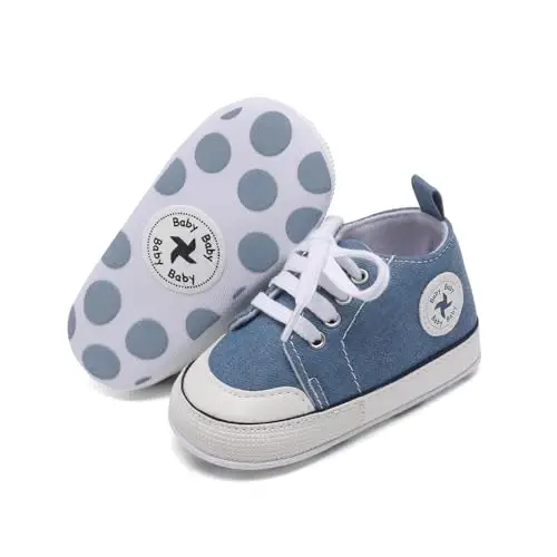 Baby Girls Boys Shoes Soft Anti-Slip Sole Newborn First Walkers High Top Canvas Denim Unisex Infant Sneaker - 1