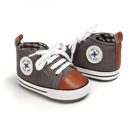 Baby Girls Boys Shoes Soft Anti-Slip Sole Newborn First Walkers High Top Canvas Denim Unisex Infant Sneaker - 6