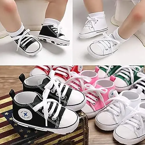Baby Girls Boys Shoes Soft Anti-Slip Sole Newborn First Walkers High Top Canvas Denim Unisex Infant Sneaker - BABY (1)