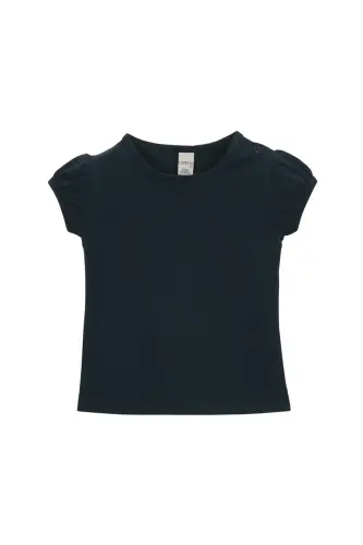 Baby Girl's Dark Navy Basic Crew Neck Puff Sleeve Snap-Button T-Shirt - DARK NAVY 