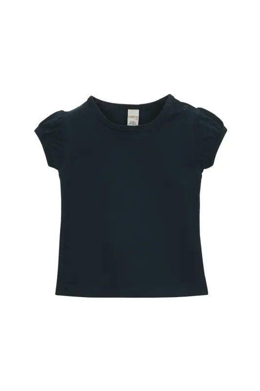 Baby Girl's Dark Navy Basic Crew Neck Puff Sleeve Snap-Button T-Shirt - DARK NAVY - 1