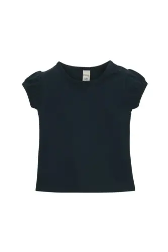 Baby Girl's Dark Navy Basic Crew Neck Puff Sleeve Snap-Button T-Shirt - DARK NAVY - LOVETTI (1)