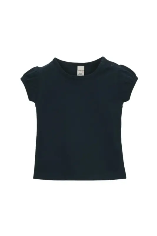 Baby Girl's Dark Navy Basic Crew Neck Puff Sleeve Snap-Button T-Shirt - DARK NAVY - 2