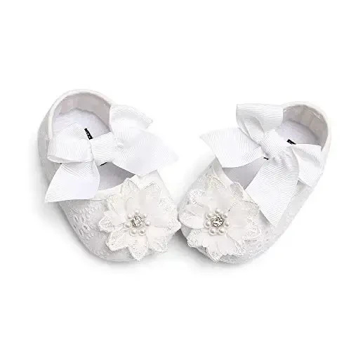 Baby Girls Mary Jane Flats with Bowknot Non Slip Soft Sole Newborn Infant Toddler First Walkers Cirb Dress Shoes - 6