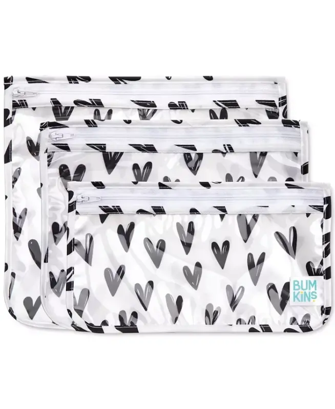 Baby Girls Printed Travel Water Resistant Bag, Pack of 3 - Black Hearts - 1
