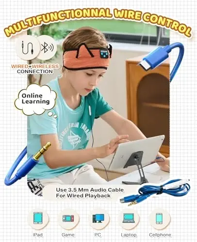 Baby Headphones, Kids Headphones Bluetooth Headband Adjustable, Wireless Headband for Kids with Wired Playback 3.5 MM Jack for Teens/Boys/Girls/Smartphones/School/Airplane Travel/Tablet - 5