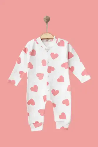 Baby Heart Print Ribbed Knit Snap Newborn Baby Jumpsuit 100% Cotton Flexible 1-3-6 Months-PALE PINK WITH HEARTS - 1