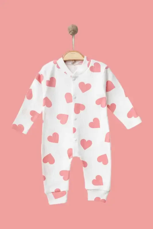 Baby Heart Print Ribbed Knit Snap Newborn Baby Jumpsuit 100% Cotton Flexible 1-3-6 Months-PALE PINK WITH HEARTS - 1