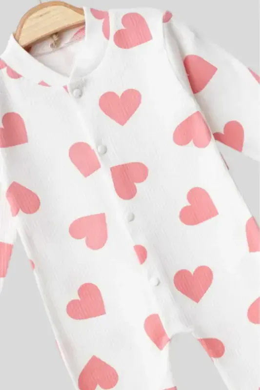 Baby Heart Print Ribbed Knit Snap Newborn Baby Jumpsuit 100% Cotton Flexible 1-3-6 Months-PALE PINK WITH HEARTS - 2