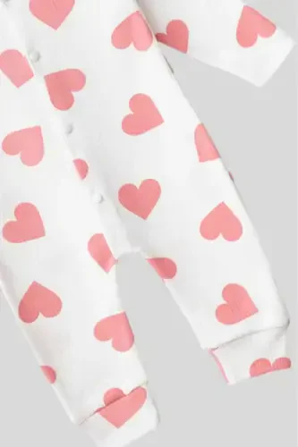 Baby Heart Print Ribbed Knit Snap Newborn Baby Jumpsuit 100% Cotton Flexible 1-3-6 Months-PALE PINK WITH HEARTS - 3
