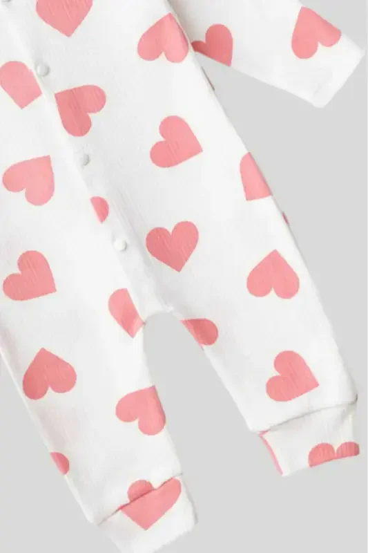 Baby Heart Print Ribbed Knit Snap Newborn Baby Jumpsuit 100% Cotton Flexible 1-3-6 Months-PALE PINK WITH HEARTS - 3