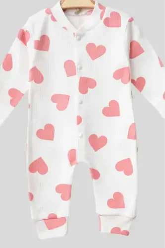 Baby Heart Print Ribbed Knit Snap Newborn Baby Jumpsuit 100% Cotton Flexible 1-3-6 Months-PALE PINK WITH HEARTS - 4