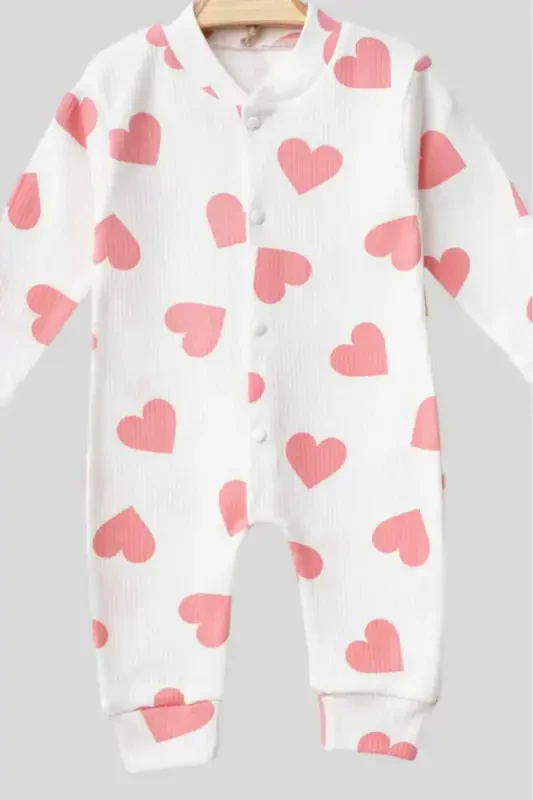 Baby Heart Print Ribbed Knit Snap Newborn Baby Jumpsuit 100% Cotton Flexible 1-3-6 Months-PALE PINK WITH HEARTS - 4