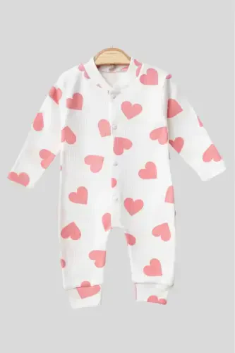Baby Heart Print Ribbed Knit Snap Newborn Baby Jumpsuit 100% Cotton Flexible 1-3-6 Months-PALE PINK WITH HEARTS - 5