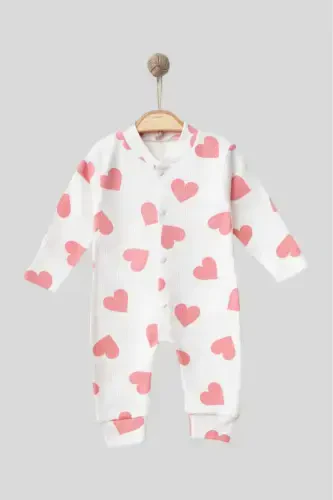 Baby Heart Print Ribbed Knit Snap Newborn Baby Jumpsuit 100% Cotton Flexible 1-3-6 Months-PALE PINK WITH HEARTS - 6