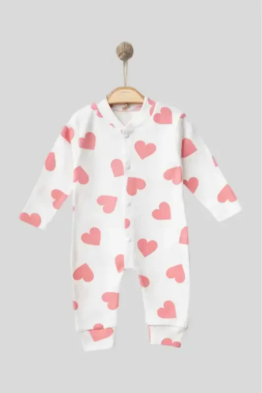 Baby Heart Print Ribbed Knit Snap Newborn Baby Jumpsuit 100% Cotton Flexible 1-3-6 Months-PALE PINK WITH HEARTS - 6
