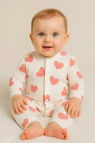 Baby Heart Print Ribbed Knit Snap Newborn Baby Jumpsuit 100% Cotton Flexible 1-3-6 Months-PALE PINK WITH HEARTS - 7