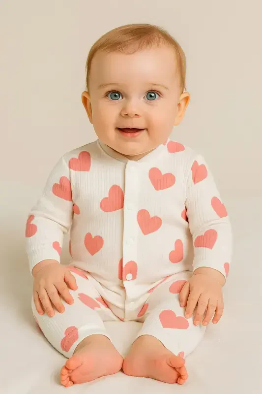 Baby Heart Print Ribbed Knit Snap Newborn Baby Jumpsuit 100% Cotton Flexible 1-3-6 Months-PALE PINK WITH HEARTS - 7