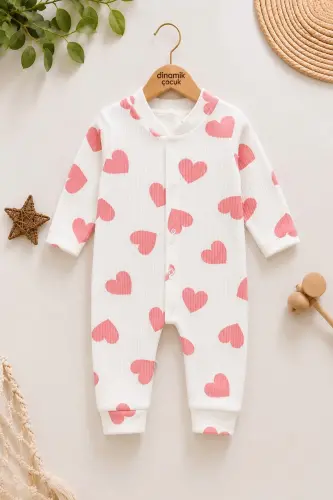 Baby Heart Print Ribbed Knit Snap Newborn Baby Jumpsuit 100% Cotton Flexible 1-3-6 Months-PALE PINK WITH HEARTS 