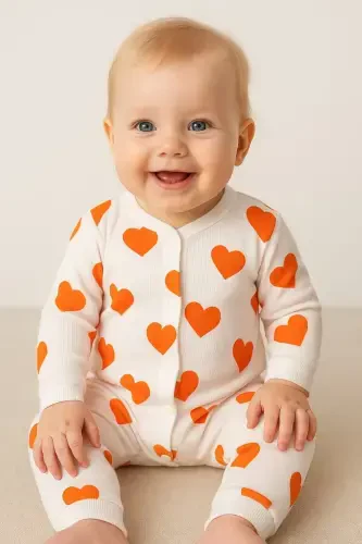 Baby Heart Print Ribbed Knit Snap Newborn Baby Romper 100% Cotton Elastic 1-3-6 Months-ORANGE HEART - 1