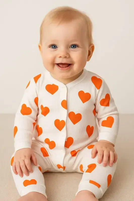 Baby Heart Print Ribbed Knit Snap Newborn Baby Romper 100% Cotton Elastic 1-3-6 Months-ORANGE HEART - 1