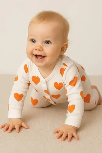 Baby Heart Print Ribbed Knit Snap Newborn Baby Romper 100% Cotton Elastic 1-3-6 Months-ORANGE HEART - 2