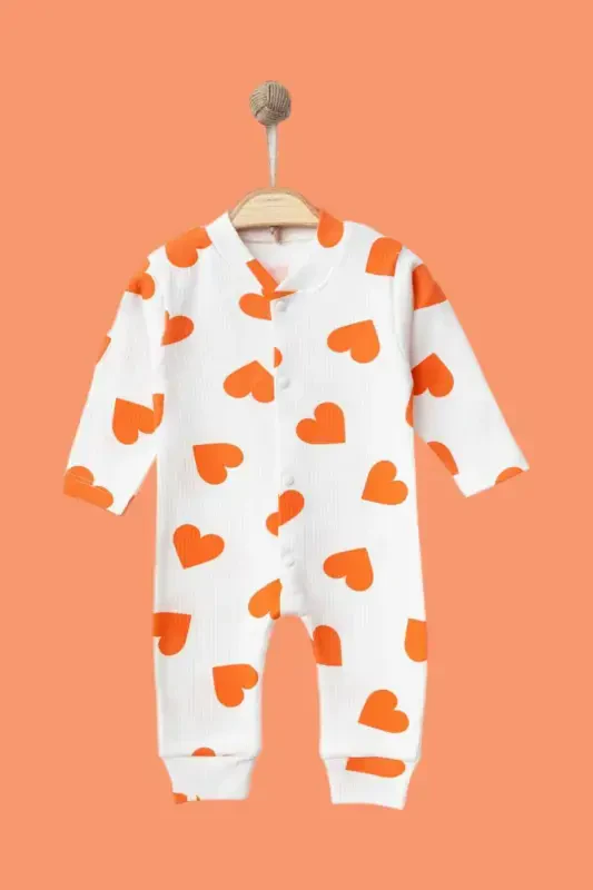 Baby Heart Print Ribbed Knit Snap Newborn Baby Romper 100% Cotton Elastic 1-3-6 Months-ORANGE HEART - 3
