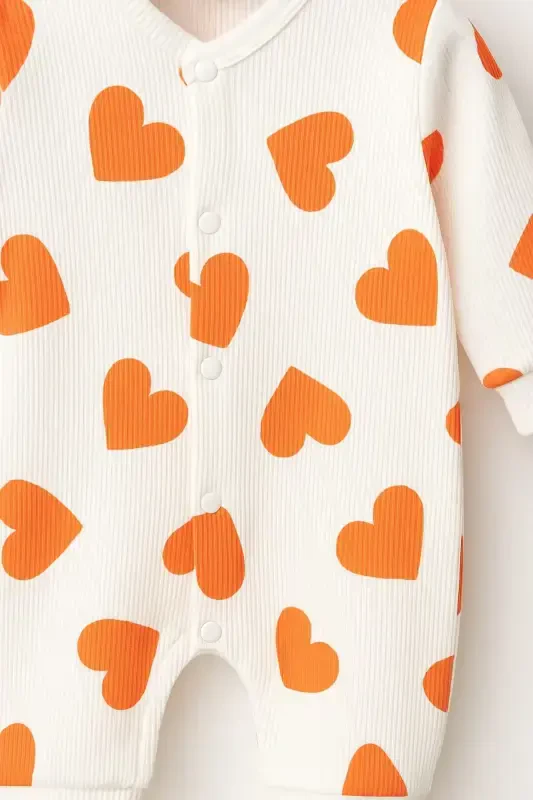 Baby Heart Print Ribbed Knit Snap Newborn Baby Romper 100% Cotton Elastic 1-3-6 Months-ORANGE HEART - 4