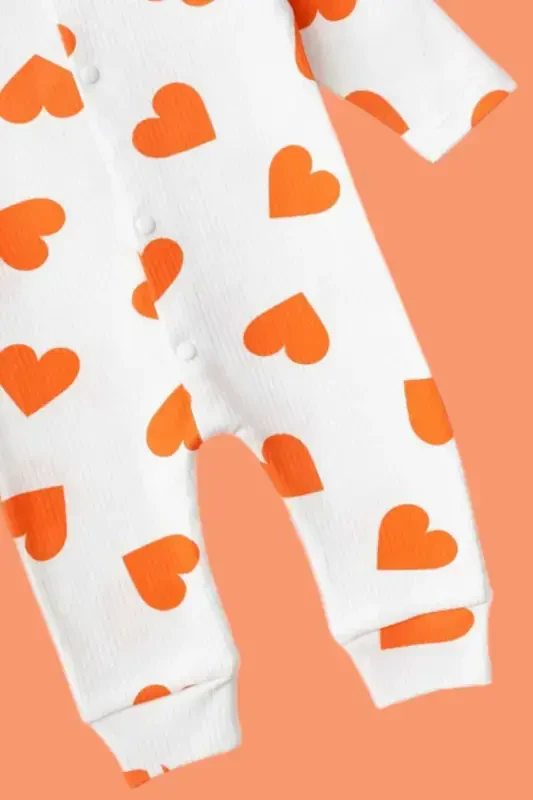 Baby Heart Print Ribbed Knit Snap Newborn Baby Romper 100% Cotton Elastic 1-3-6 Months-ORANGE HEART - 6